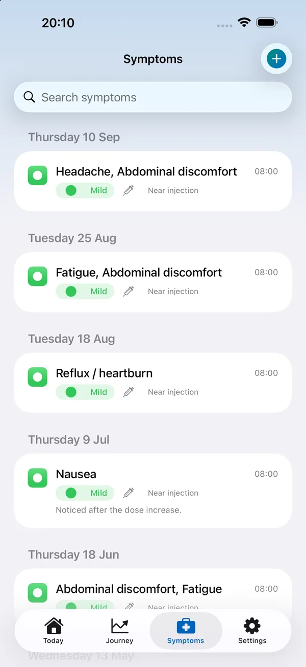Symptom diary with severity chips